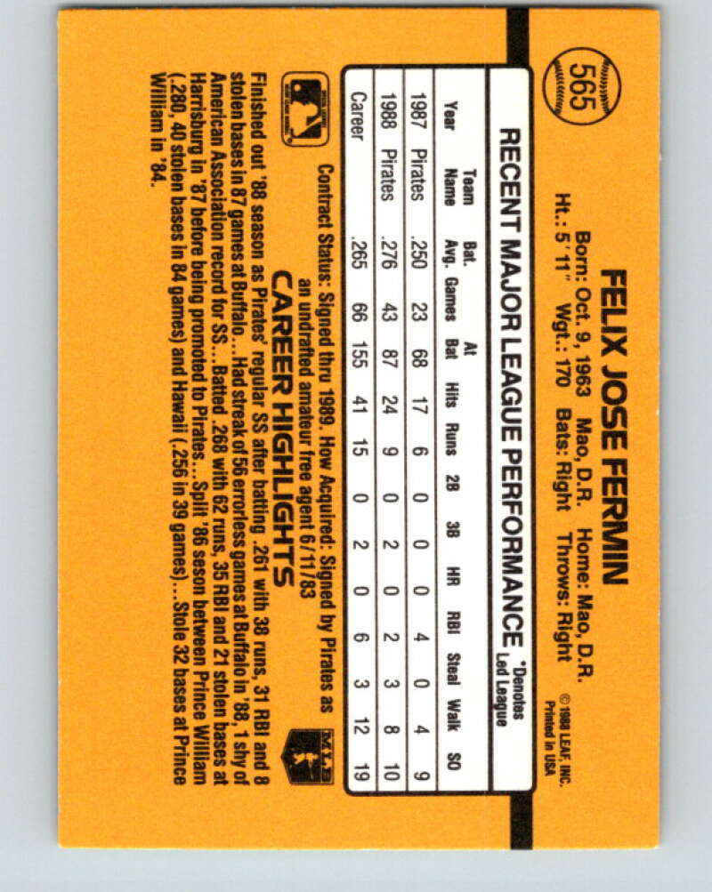 1989 Donruss #565 Felix Fermin DP Mint Pittsburgh Pirates Image 2