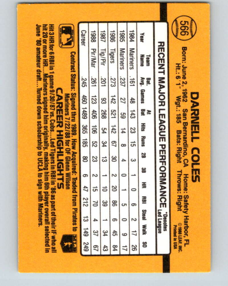 1989 Donruss #566 Darnell Coles DP Mint Seattle Mariners Image 2