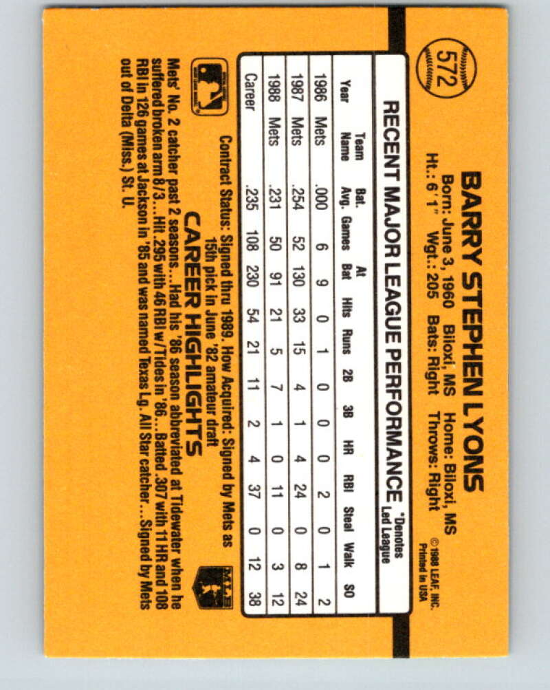 1989 Donruss #572 Barry Lyons DP Mint New York Mets Image 2