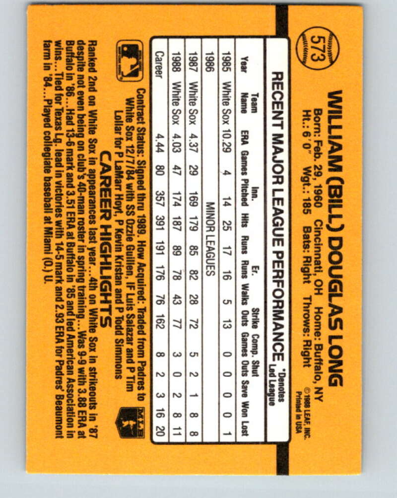 1989 Donruss #573 Bill Long DP Mint Chicago White Sox Image 2