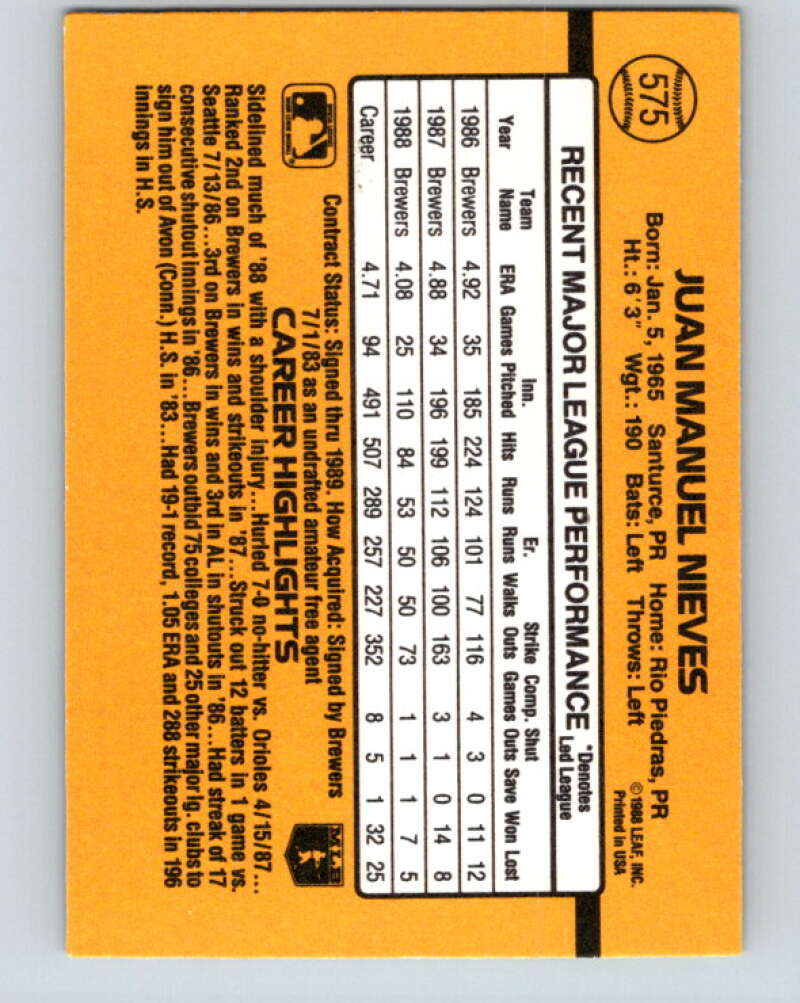1989 Donruss #575 Juan Nieves DP Mint Milwaukee Brewers Image 2