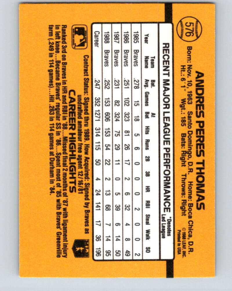 1989 Donruss #576 Andres Thomas DP Mint Atlanta Braves Image 2