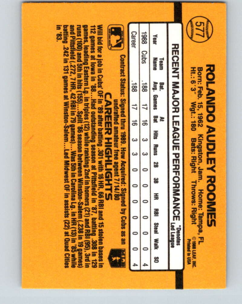 1989 Donruss #577 Rolando Roomes DP Mint Chicago Cubs Image 2