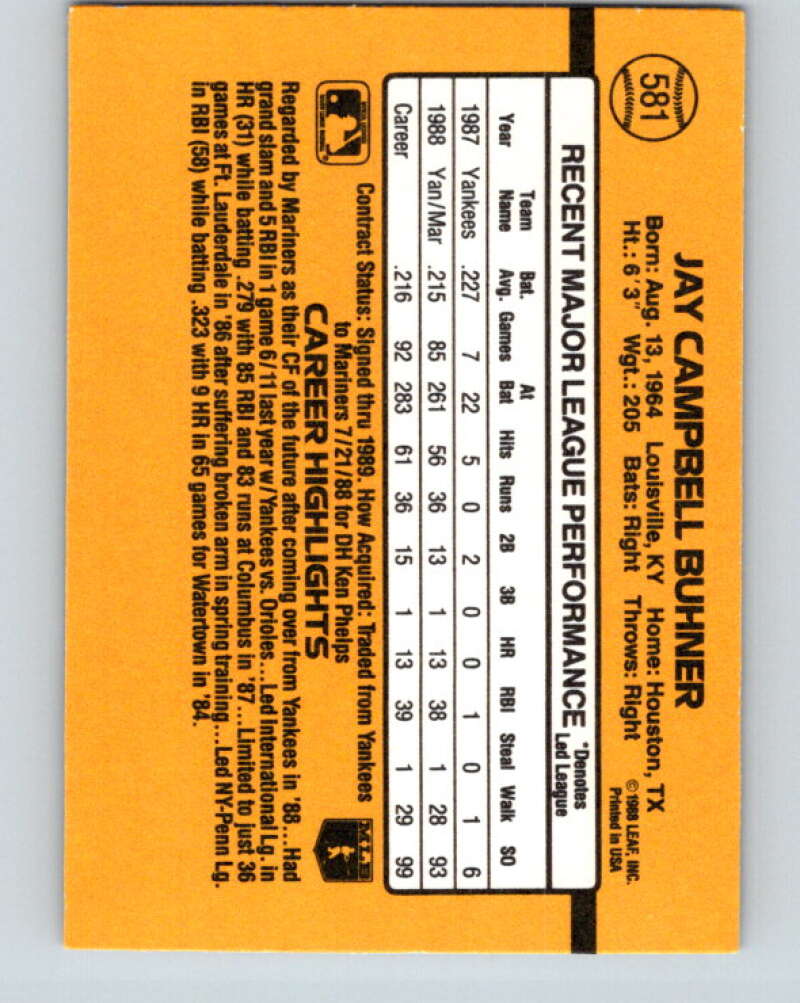 1989 Donruss #581 Jay Buhner Mint Seattle Mariners Image 2