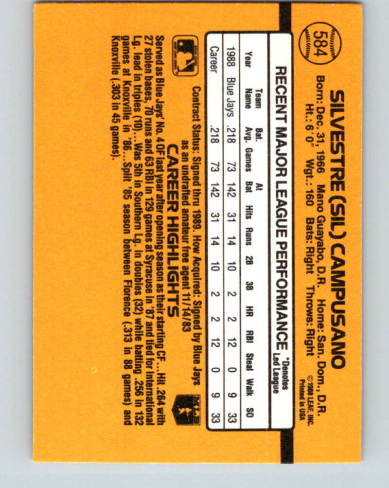 1989 Donruss #584 Sil Campusano Mint RC Rookie Toronto Blue Jays Image 2