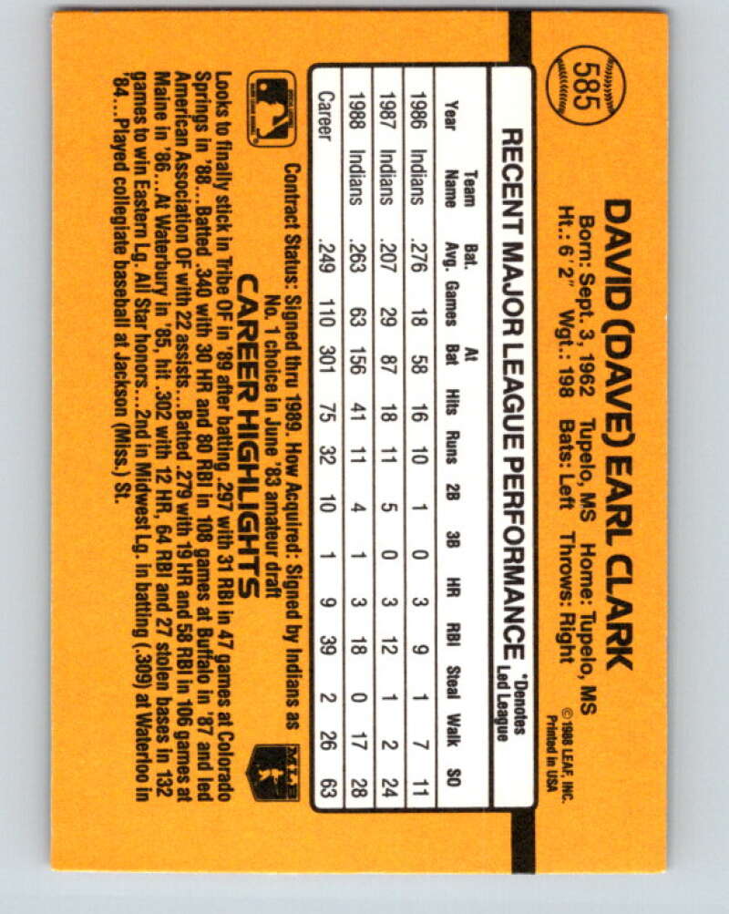 1989 Donruss #585 Dave Clark Mint Cleveland Indians Image 2