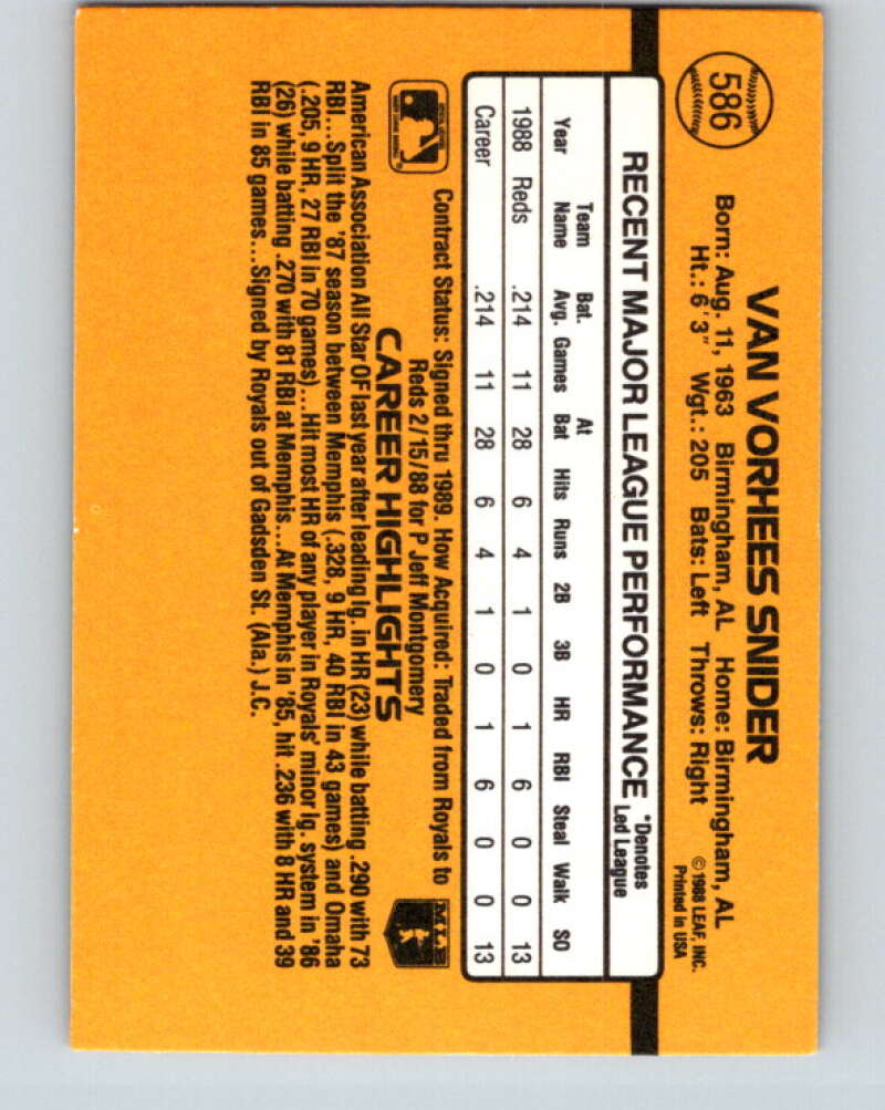 1989 Donruss #586 Van Snider DP Mint Cincinnati Reds Image 2