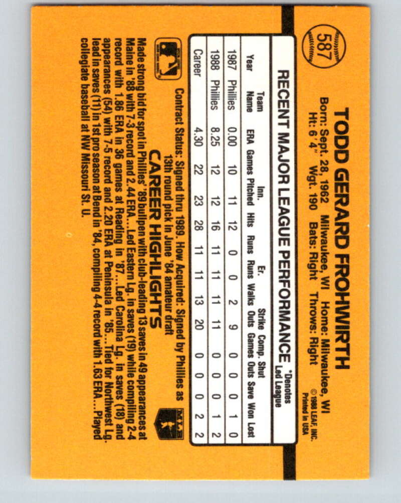 1989 Donruss #587 Todd Frohwirth DP Mint Philadelphia Phillies Image 2