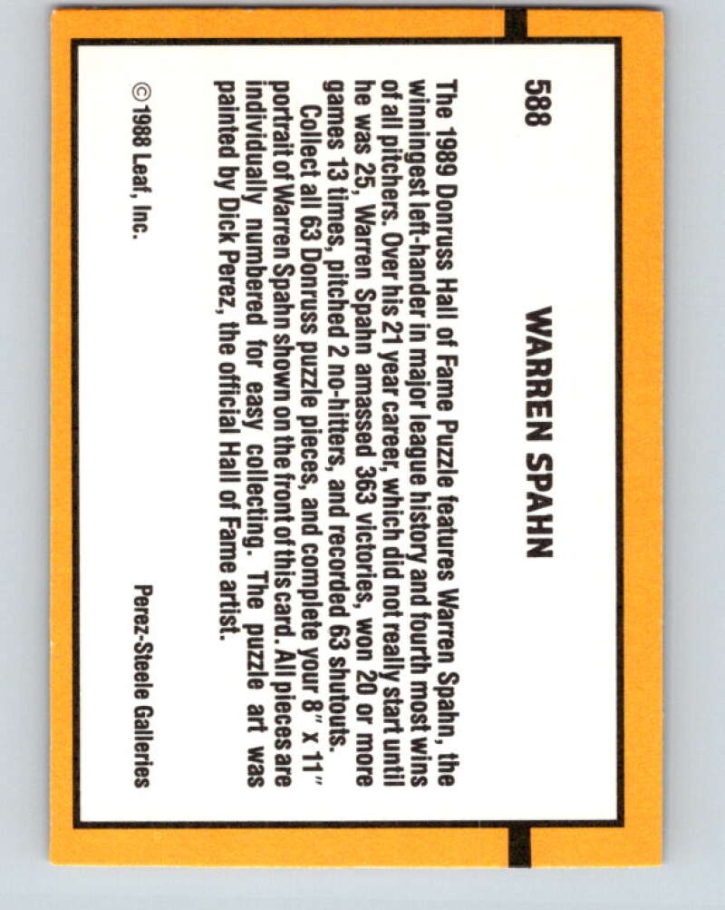1989 Donruss #588 Warren Spahn Puzzle Mint Milwaukee Braves Image 2
