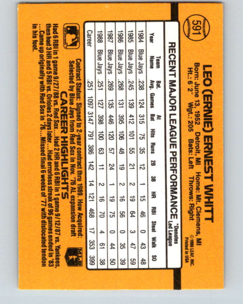 1989 Donruss #591 Ernie Whitt DP Mint Toronto Blue Jays Image 2