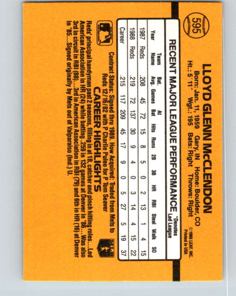 1989 Donruss #595 Lloyd McClendon DP Mint Cincinnati Reds Image 2