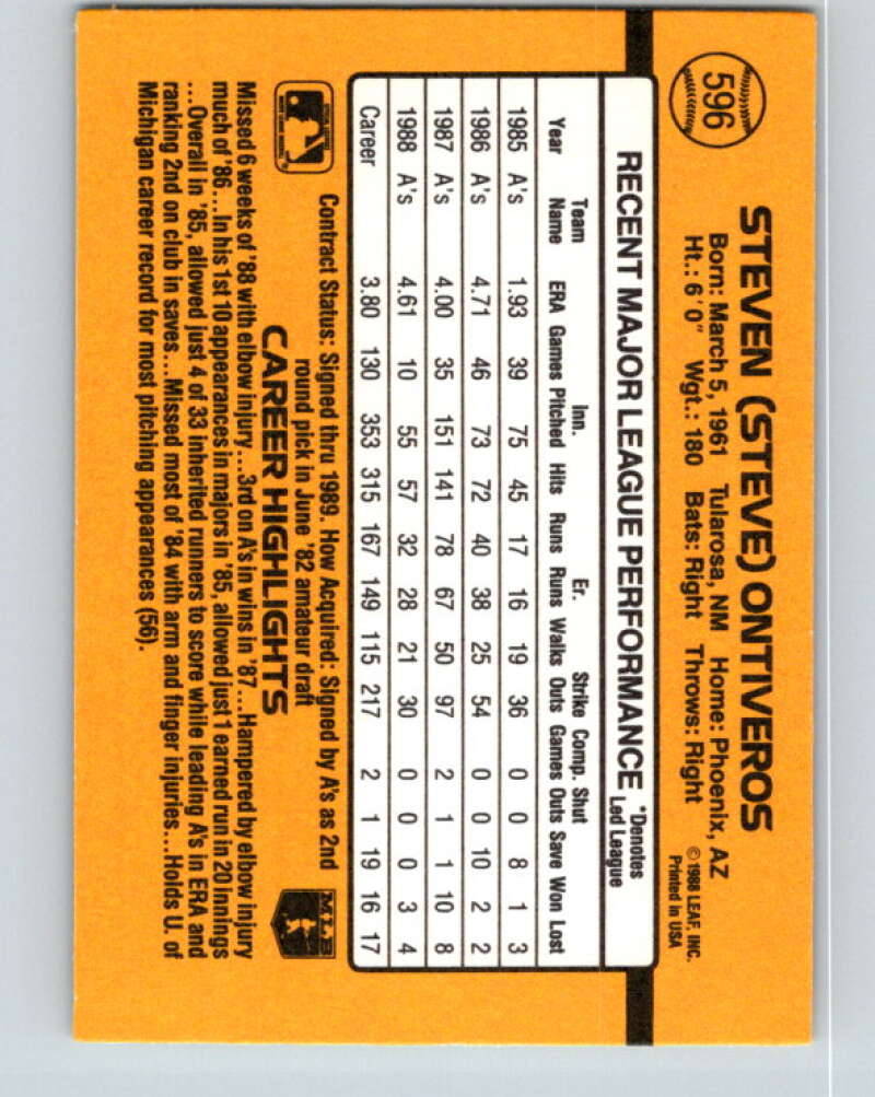 1989 Donruss #596 Steve Ontiveros Mint Oakland Athletics Image 2