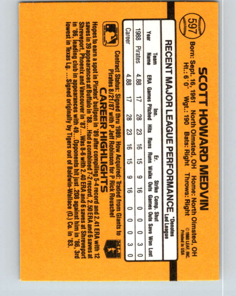 1989 Donruss #597 Scott Medvin Mint RC Rookie Pittsburgh Pirates Image 2