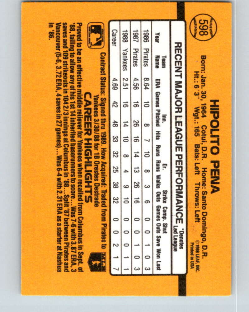1989 Donruss #598 Hipolito Pena DP Mint New York Yankees Image 2