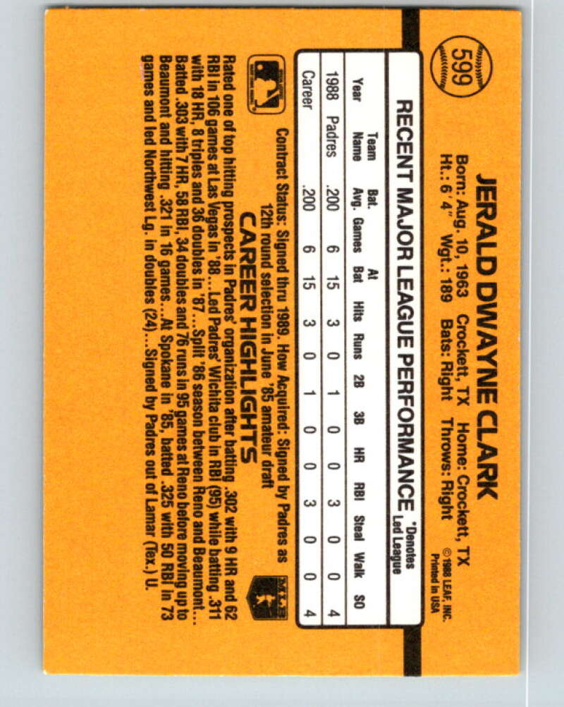 1989 Donruss #599 Jerald Clark DP Mint RC Rookie San Diego Padres Image 2