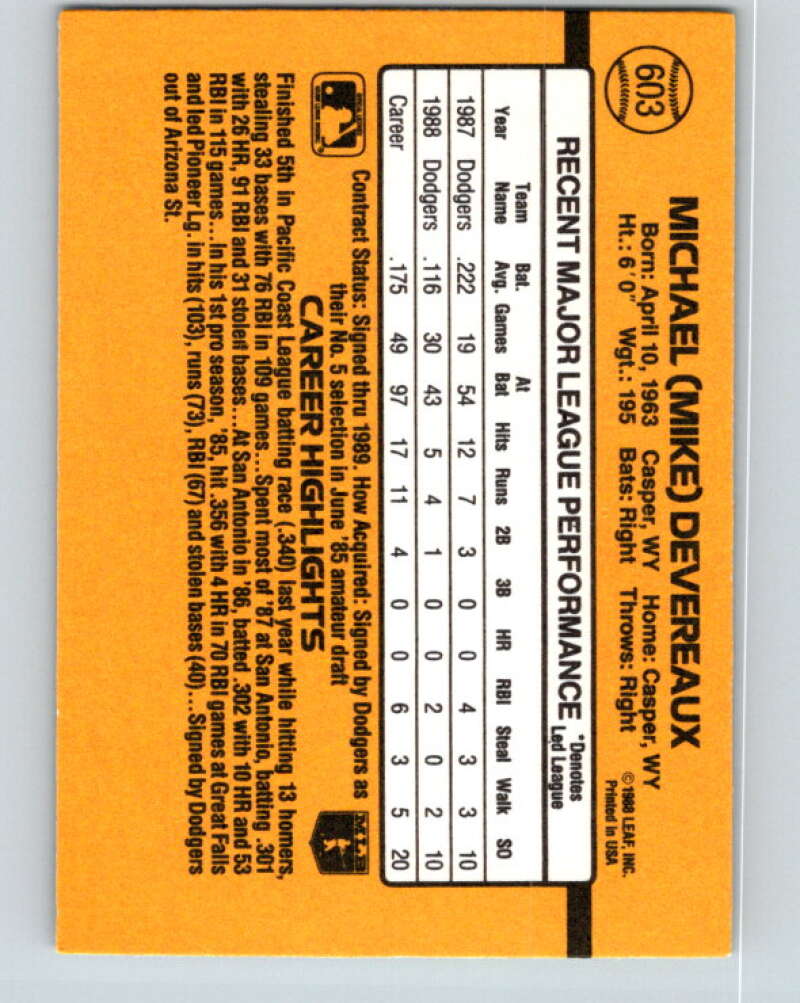 1989 Donruss #603 Mike Devereaux Mint Los Angeles Dodgers Image 2