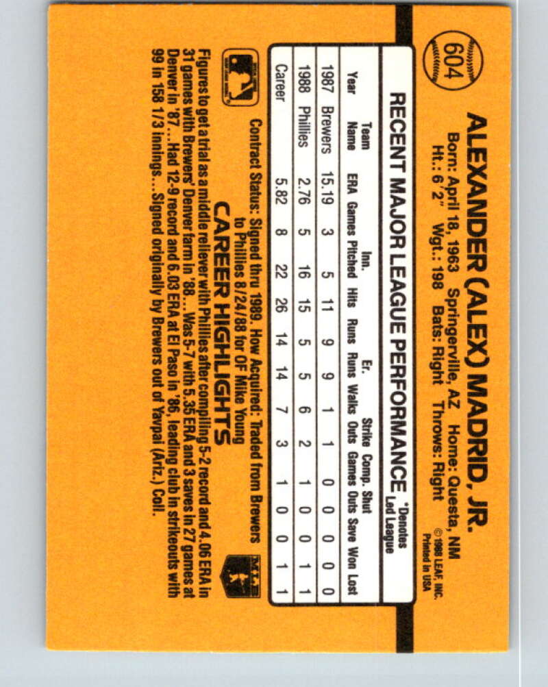 1989 Donruss #604 Alex Madrid DP Mint RC Rookie Philadelphia Phillies Image 2