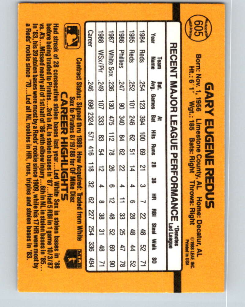 1989 Donruss #605 Gary Redus DP Mint Pittsburgh Pirates Image 2