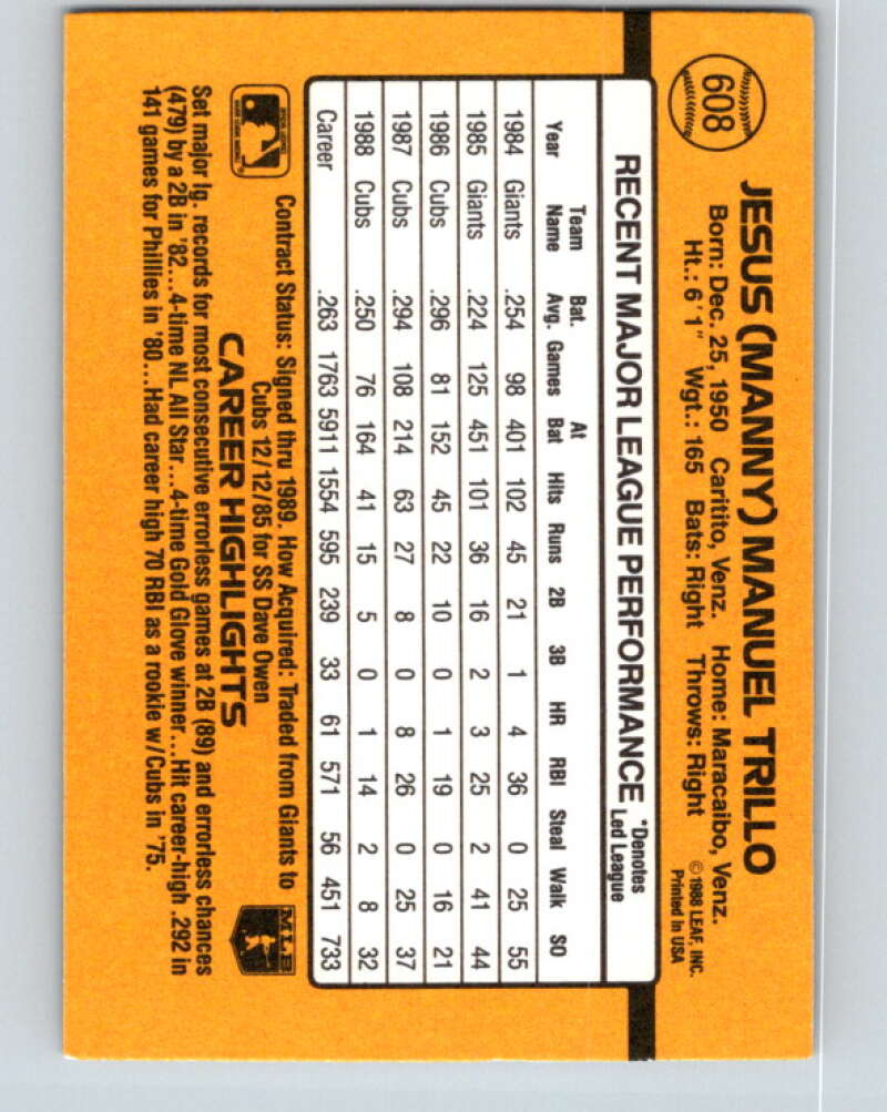 1989 Donruss #608 Manny Trillo DP Mint Chicago Cubs Image 2