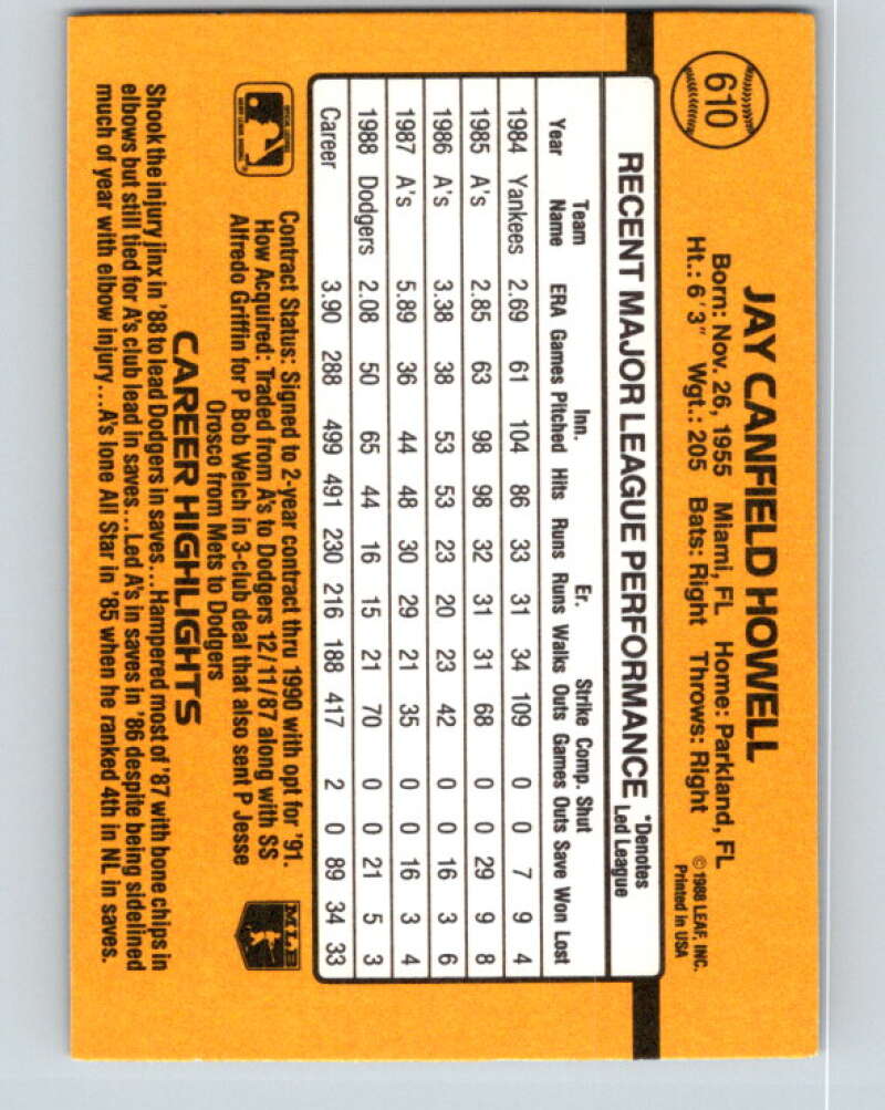 1989 Donruss #610 Jay Howell DP Mint Los Angeles Dodgers Image 2