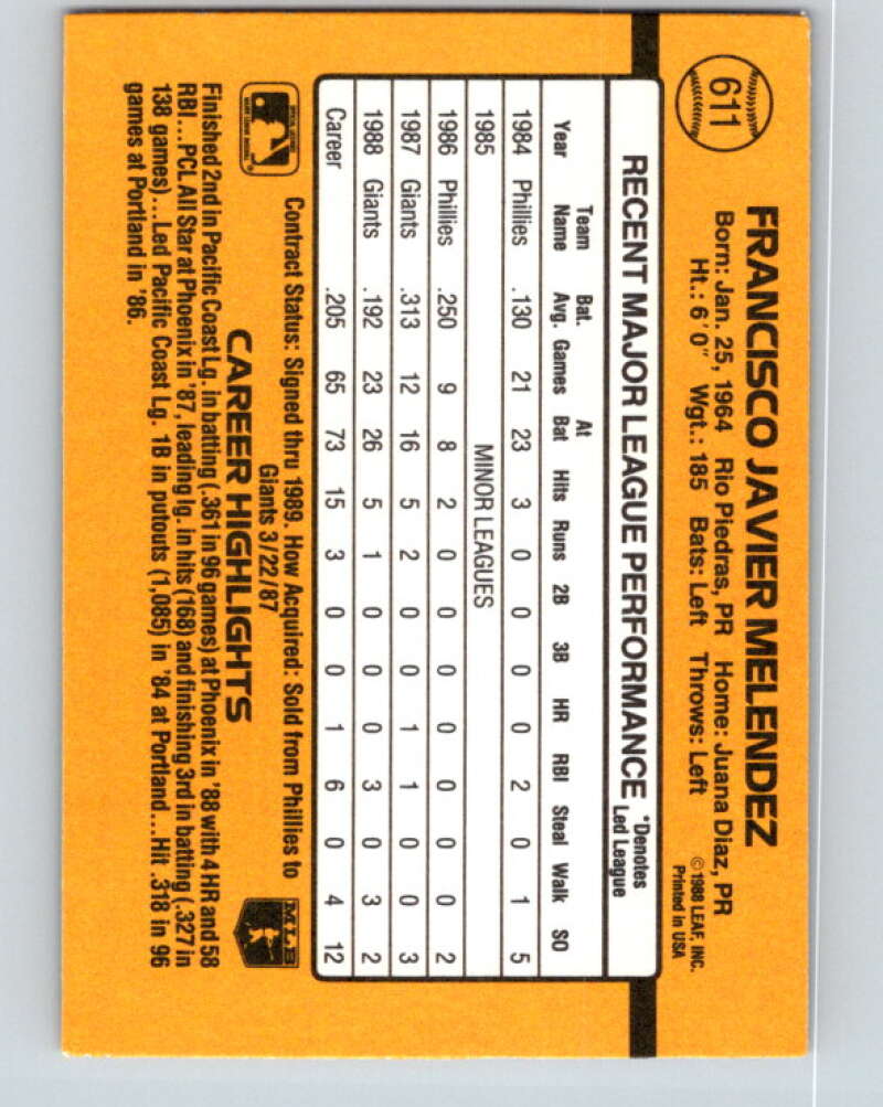 1989 Donruss #611 Francisco Melendez Mint RC Rookie San Francisco Giants Image 2