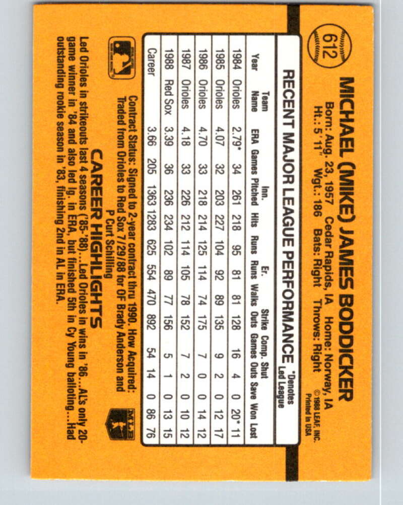 1989 Donruss #612 Mike Boddicker Mint Boston Red Sox Image 2