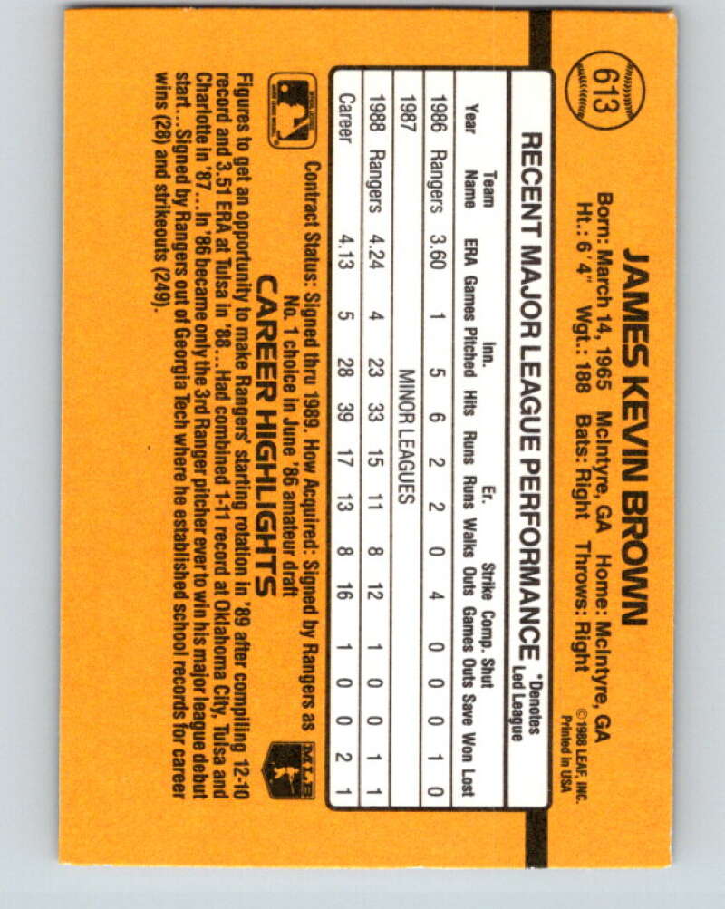 1989 Donruss #613 Kevin Brown DP Mint Texas Rangers Image 2