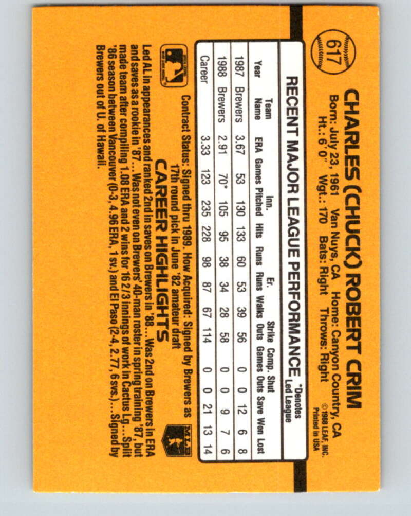 1989 Donruss #617 Chuck Crim Mint Milwaukee Brewers Image 2