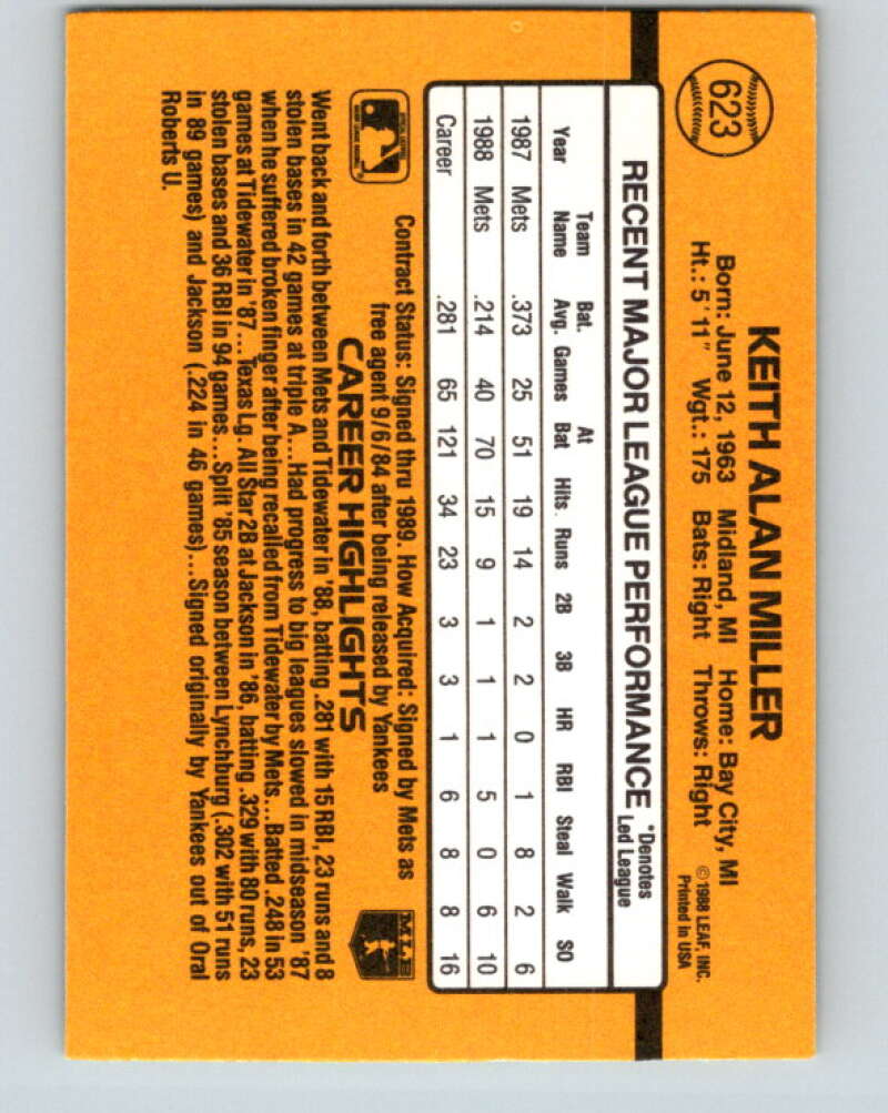 1989 Donruss #623 Keith Miller DP Mint New York Mets Image 2