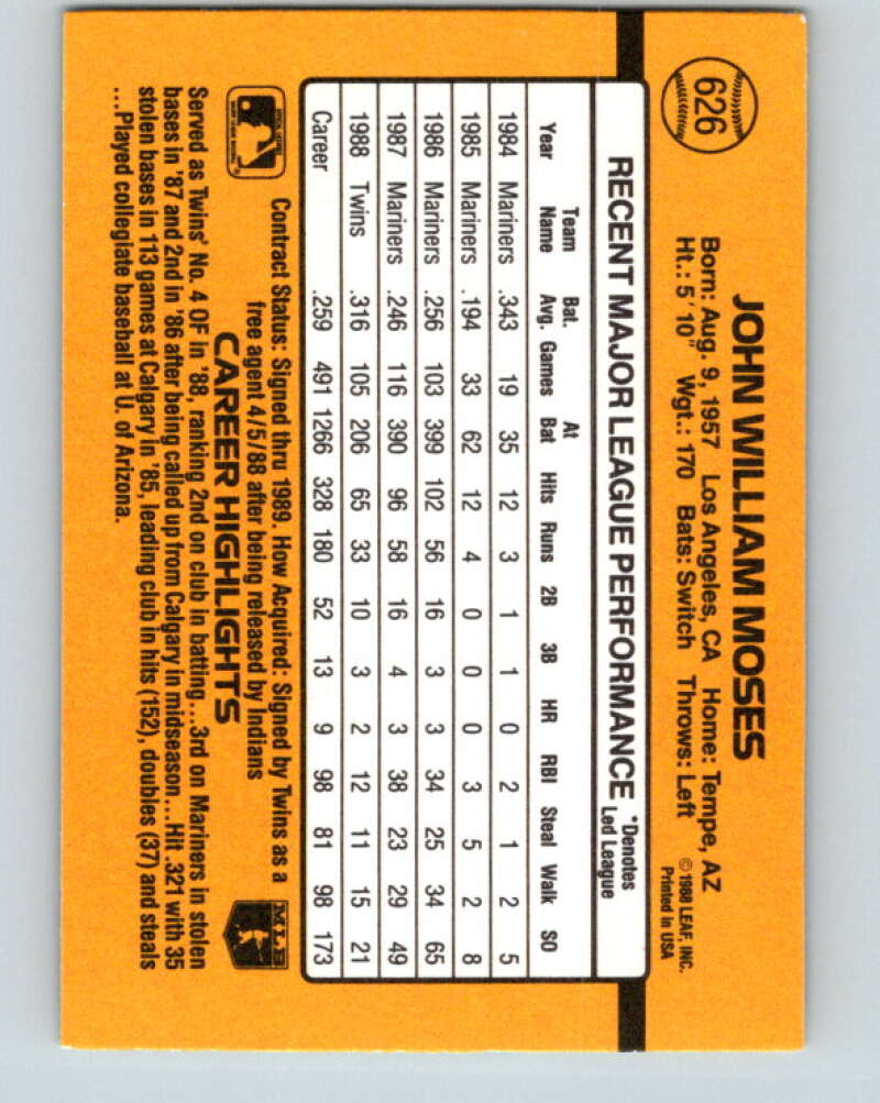 1989 Donruss #626 John Moses DP Mint Minnesota Twins Image 2