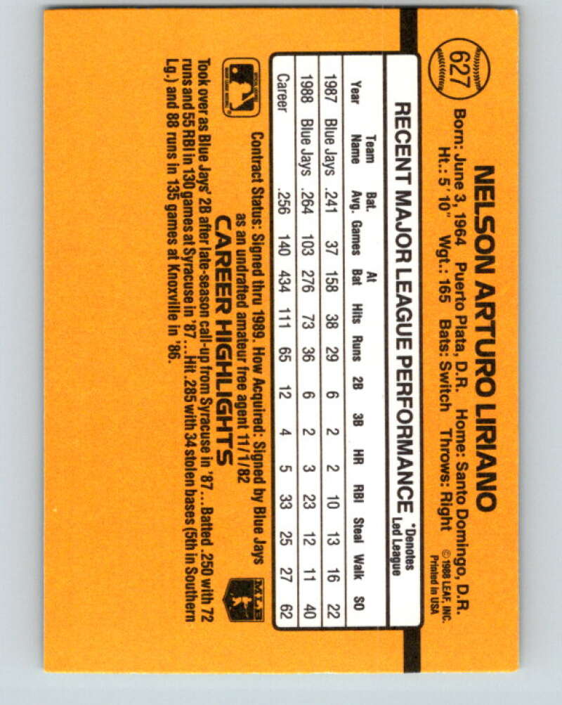 1989 Donruss #627 Nelson Liriano DP Mint Toronto Blue Jays Image 2