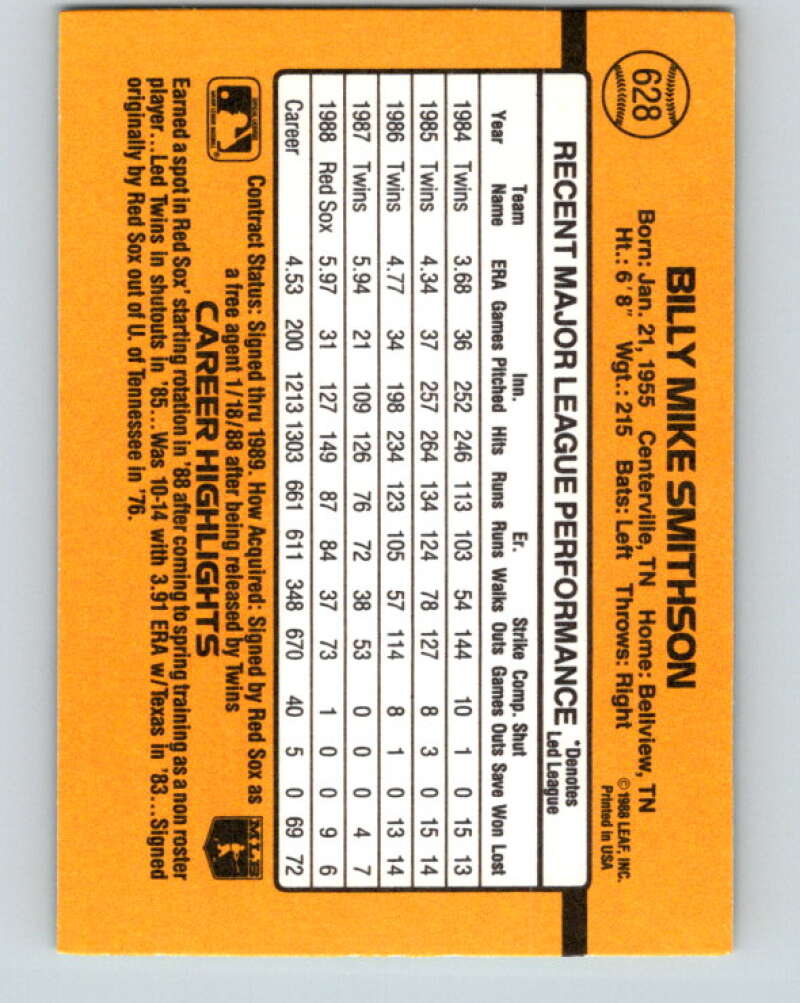 1989 Donruss #628 Mike Smithson DP Mint Boston Red Sox Image 2