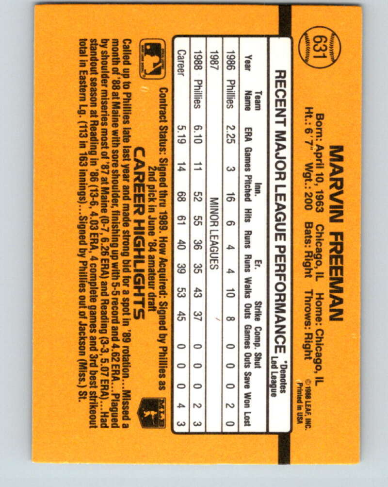 1989 Donruss #631 Marvin Freeman DP Mint Philadelphia Phillies Image 2