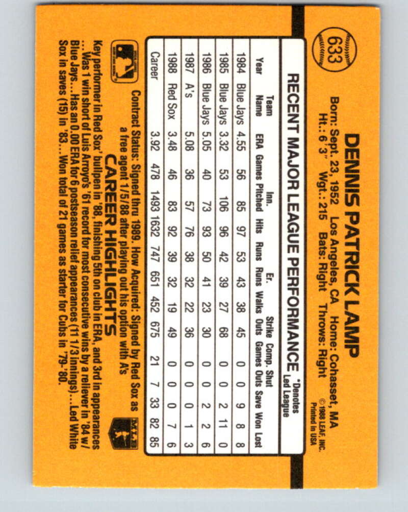 1989 Donruss #633 Dennis Lamp Mint Boston Red Sox Image 2