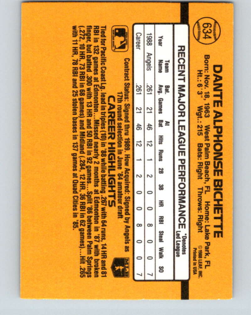 1989 Donruss #634 Dante Bichette Mint RC Rookie California Angels Image 2