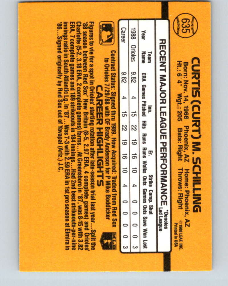 1989 Donruss #635 Curt Schilling DP Mint RC Rookie Baltimore Orioles Image 2