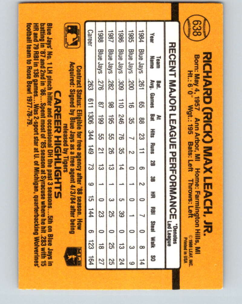 1989 Donruss #638 Rick Leach Mint Toronto Blue Jays Image 2