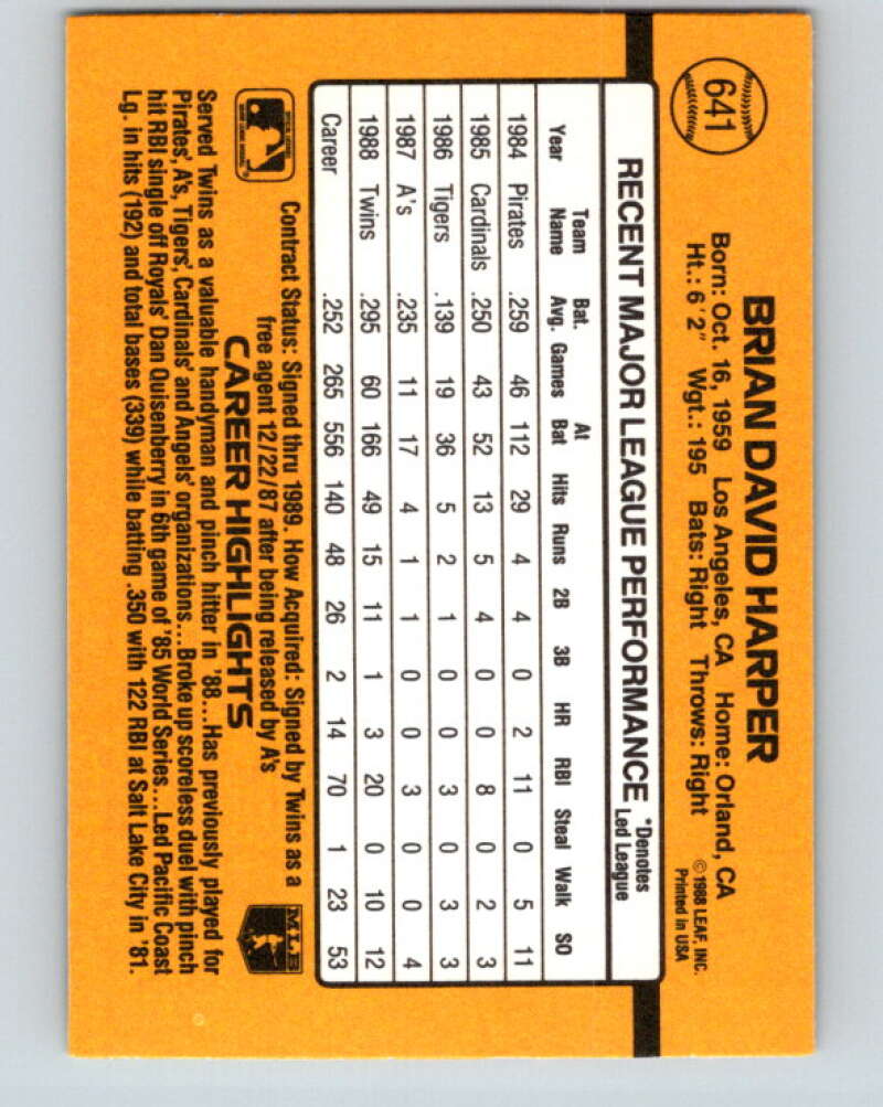 1989 Donruss #641 Brian Harper Mint Minnesota Twins Image 2