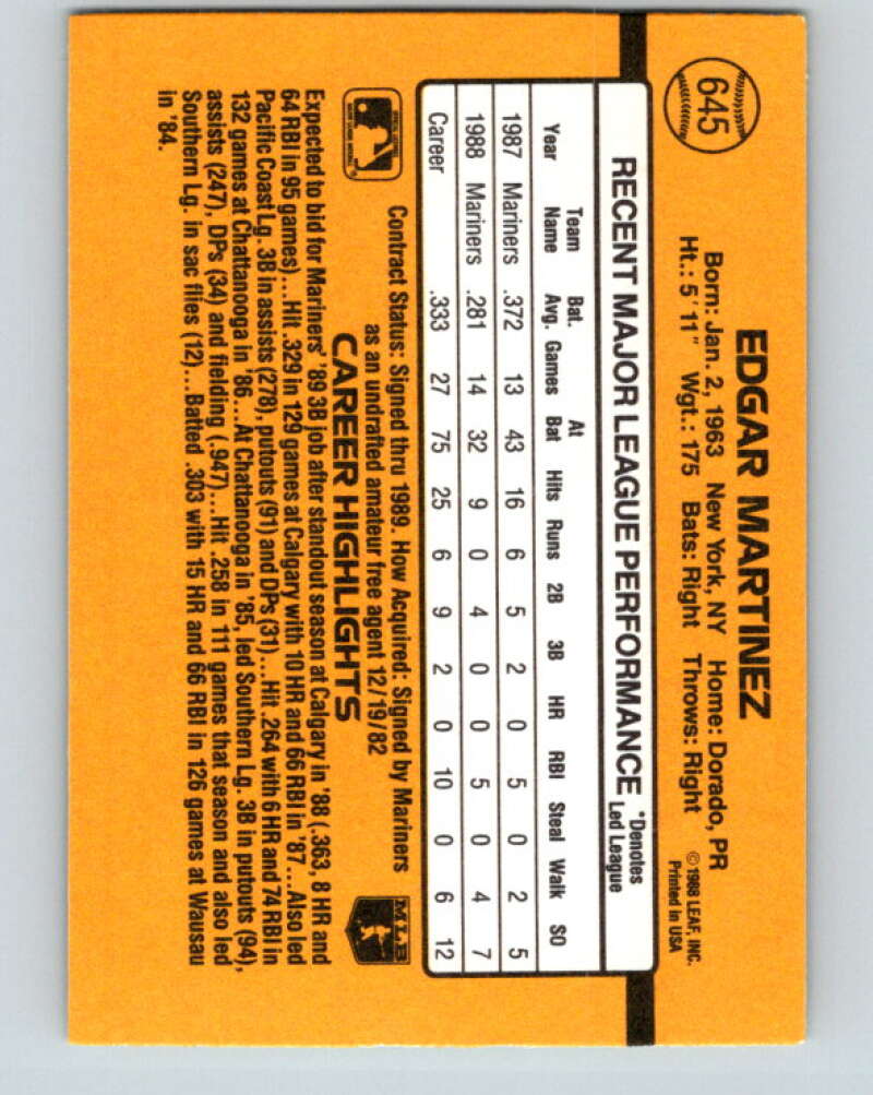 1989 Donruss #645 Edgar Martinez Mint Seattle Mariners Image 2