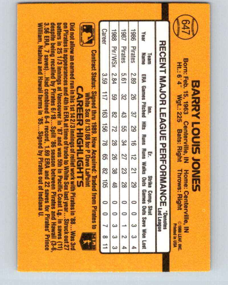 1989 Donruss #647 Barry Jones Mint Chicago White Sox Image 2
