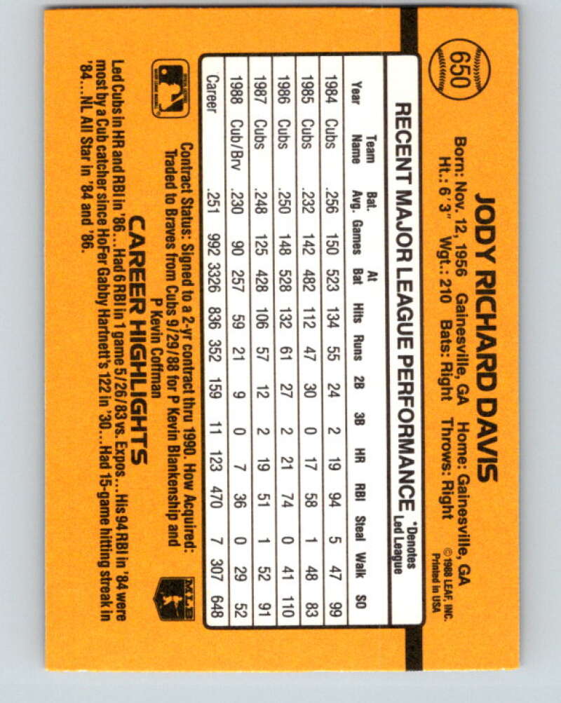 1989 Donruss #650 Jody Davis Mint Atlanta Braves Image 2