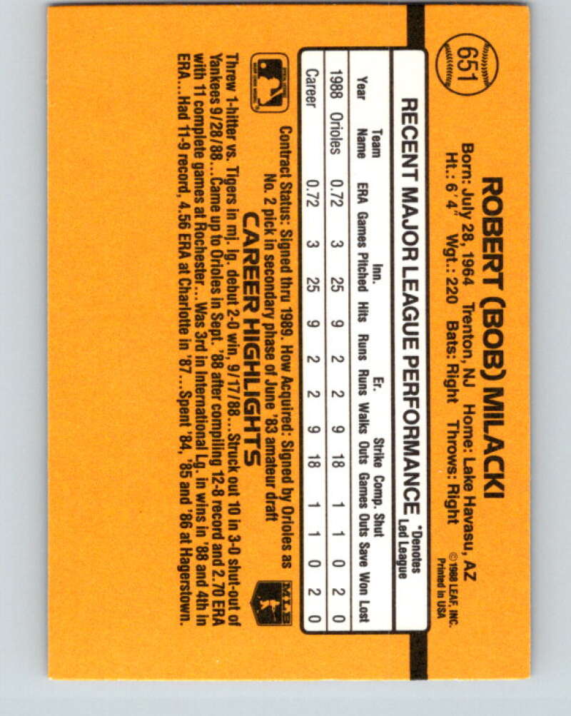 1989 Donruss #651 Bob Milacki Mint RC Rookie Baltimore Orioles Image 2