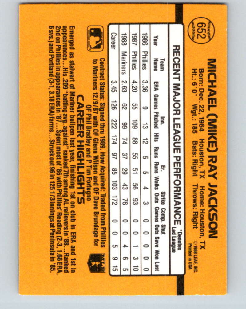 1989 Donruss #652 Mike Jackson Mint Seattle Mariners Image 2