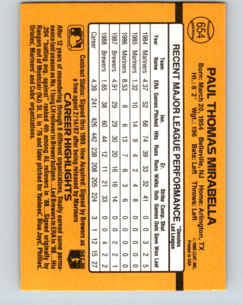 1989 Donruss #654 Paul Mirabella Mint Milwaukee Brewers Image 2