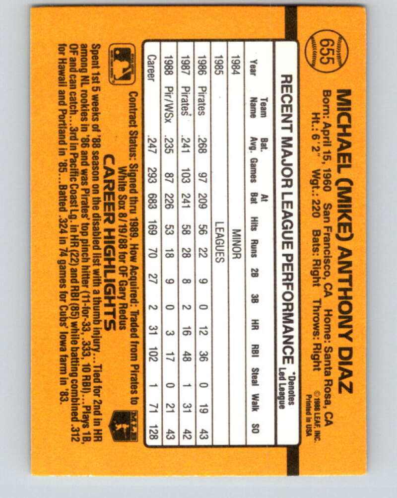 1989 Donruss #655 Mike Diaz Mint Chicago White Sox Image 2