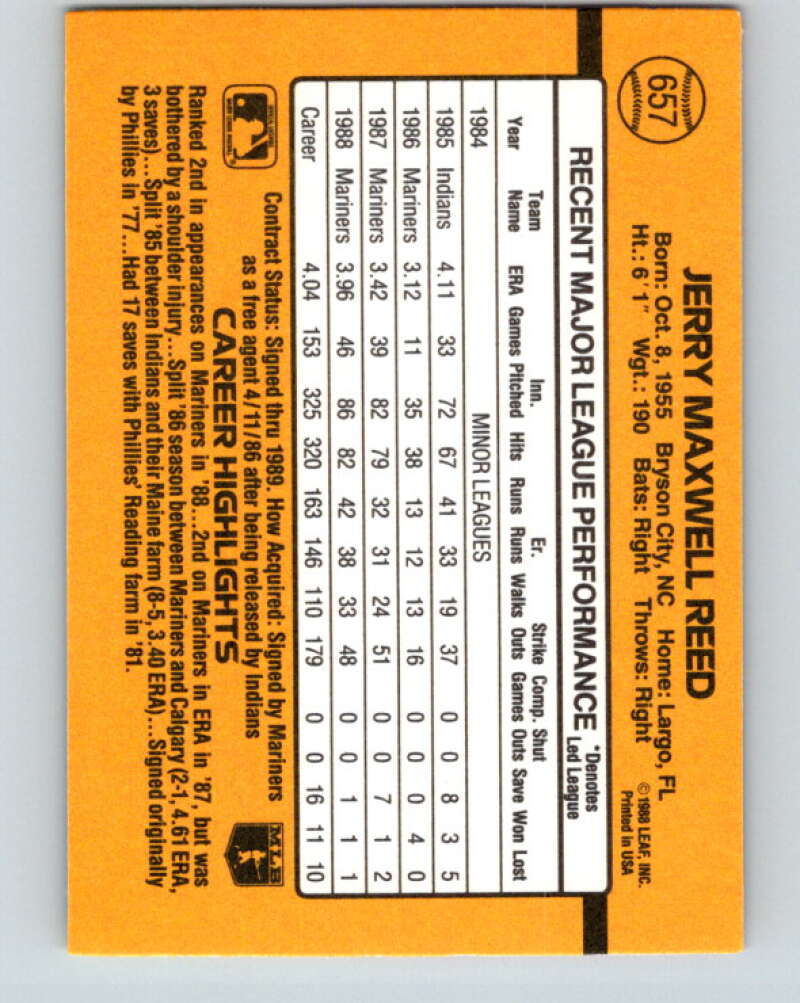 1989 Donruss #657 Jerry Reed Mint Seattle Mariners Image 2