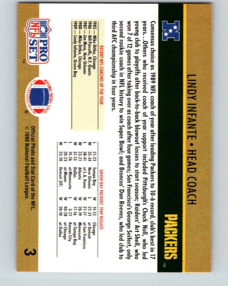 1990 Pro Set #3 Lindy Infante Mint Green Bay Packers Image 2