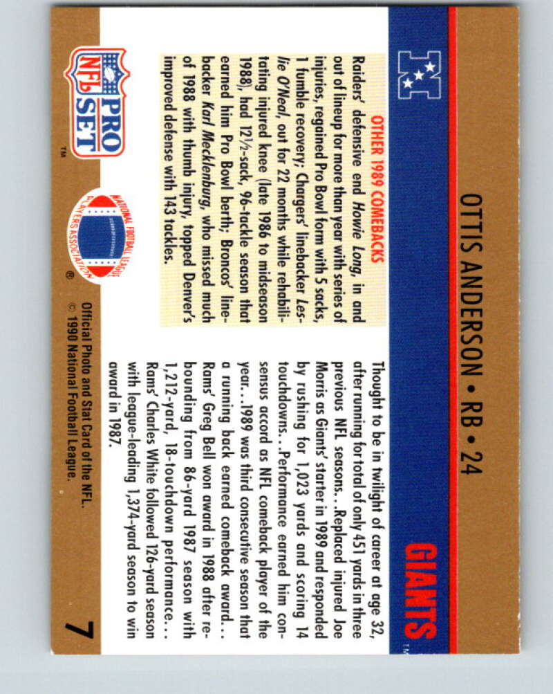 1990 Pro Set #7 Ottis Anderson Mint New York Giants
