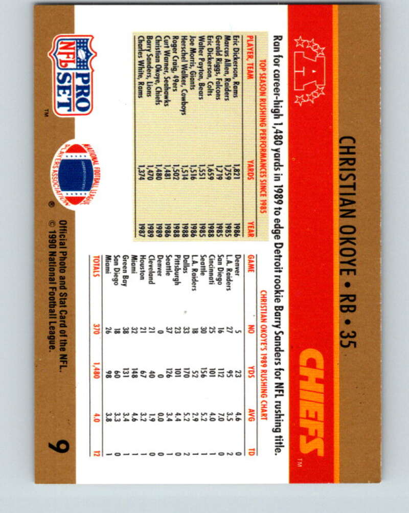 1990 Pro Set #9 Christian Okoye Mint Kansas City Chiefs Image 2