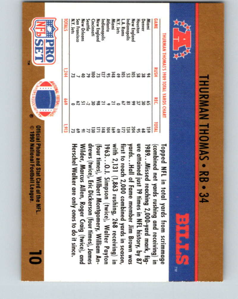 1990 Pro Set #10 Thurman Thomas Mint Buffalo Bills Image 2